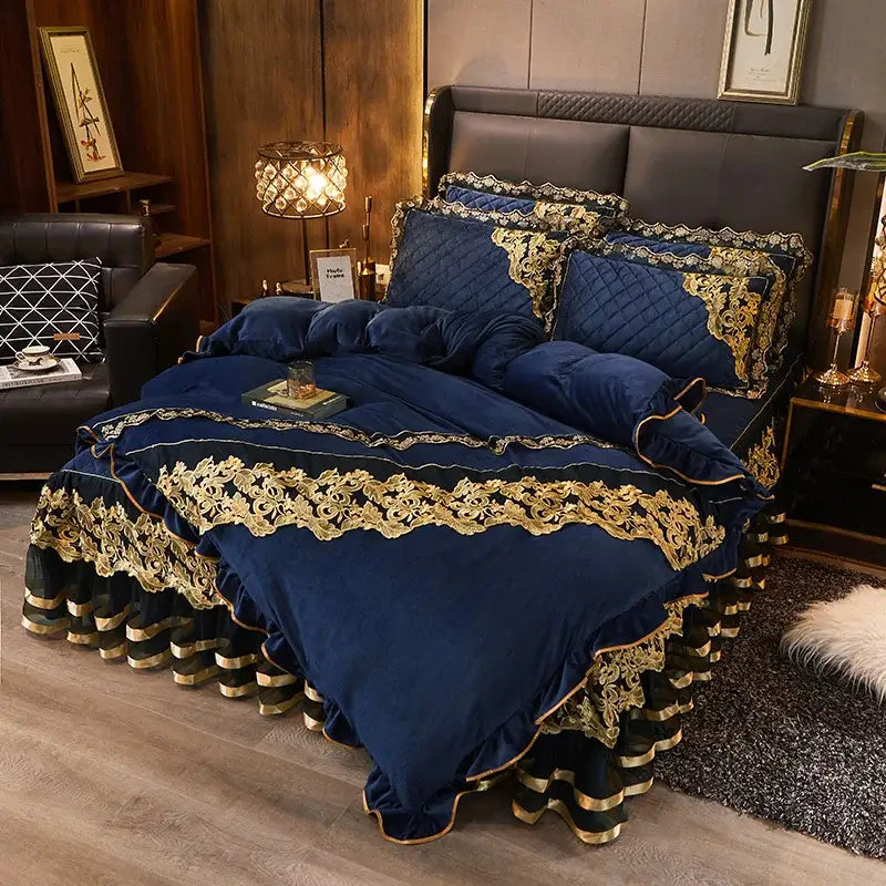 Luxury navy & gold lace duvet bedroom set with quilted embroidery