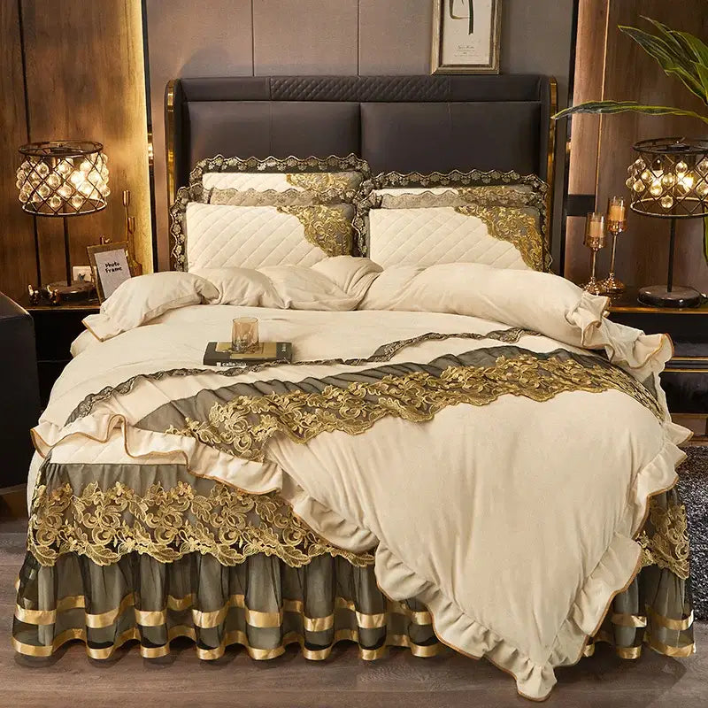 Luxury navy & gold lace duvet bedroom set with quilted embroidery