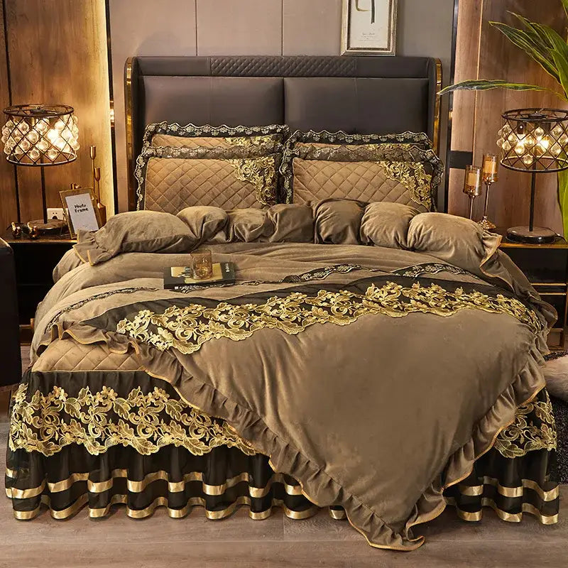 Luxury navy & gold lace duvet bedroom set with quilted embroidery