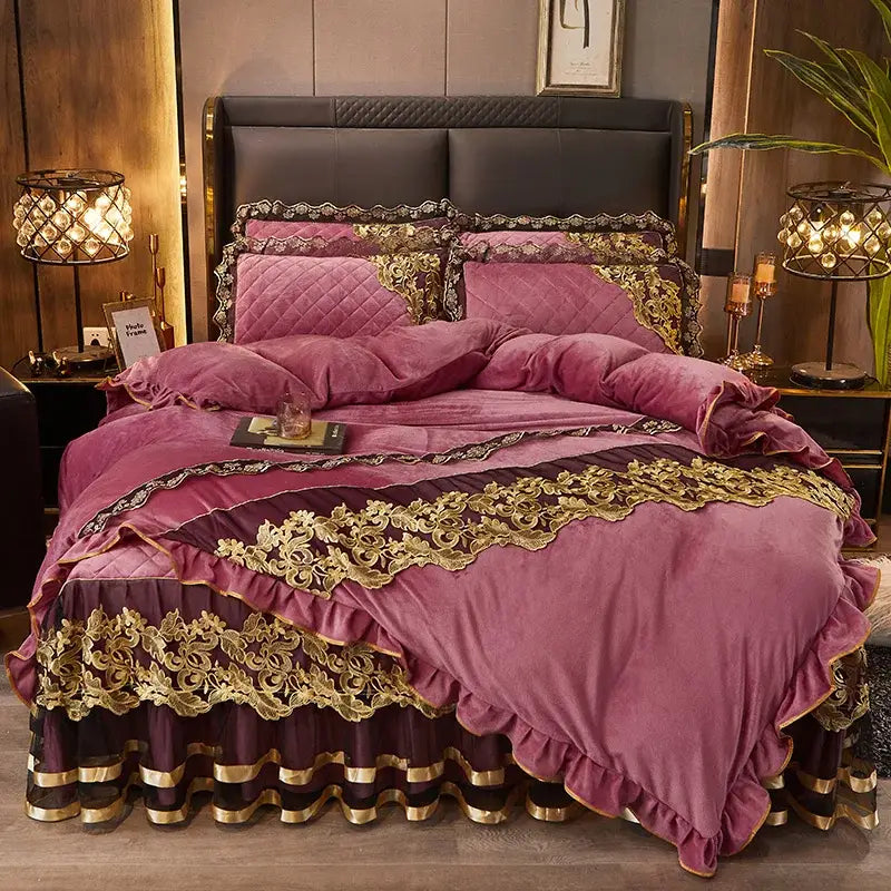 Luxury navy & gold lace duvet bedroom set with quilted embroidery