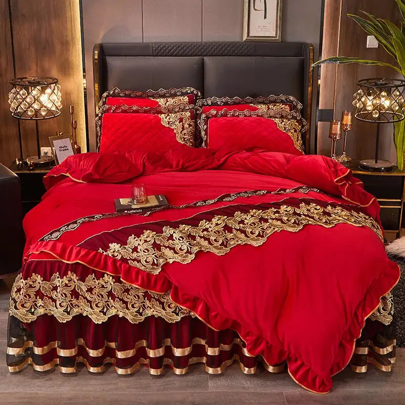 Luxury navy & gold lace duvet bedroom set with quilted embroidery