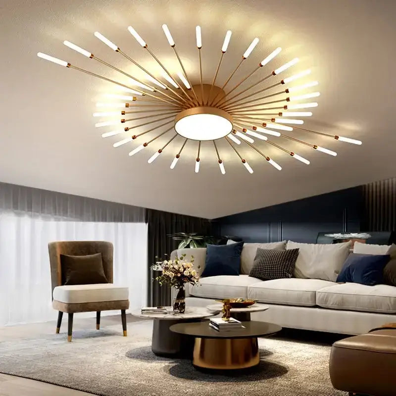 Modern black & gold led chandelier for living room sunburst design