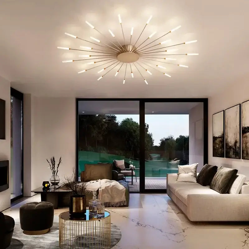 Modern black & gold led chandelier for living room sunburst design