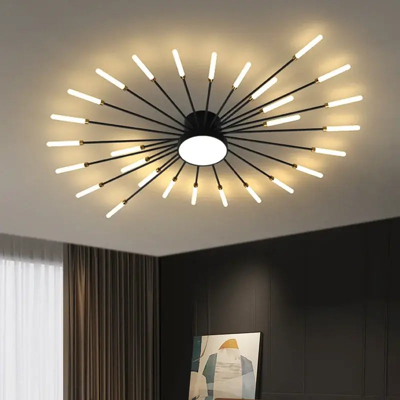 Modern black & gold led chandelier for living room sunburst design