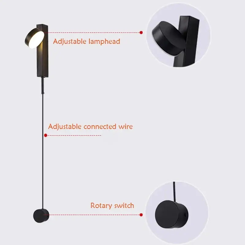 Modern black gold rotating led wall lamp bedroom sconce