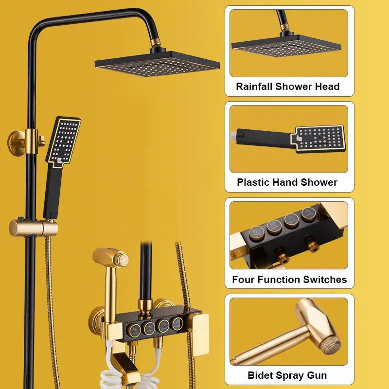 Modern black & gold shower faucet set bathroom rainfall mixer