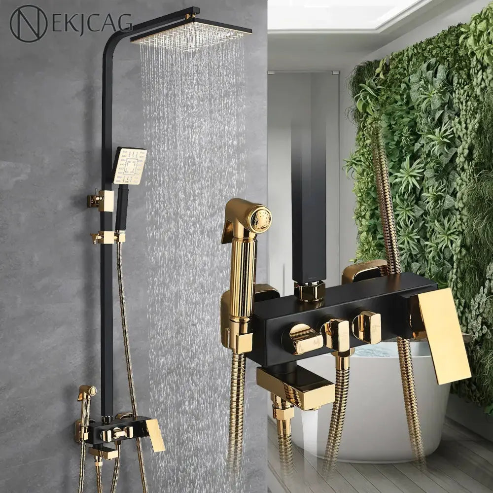 Modern black & gold shower faucet set bathroom rainfall mixer