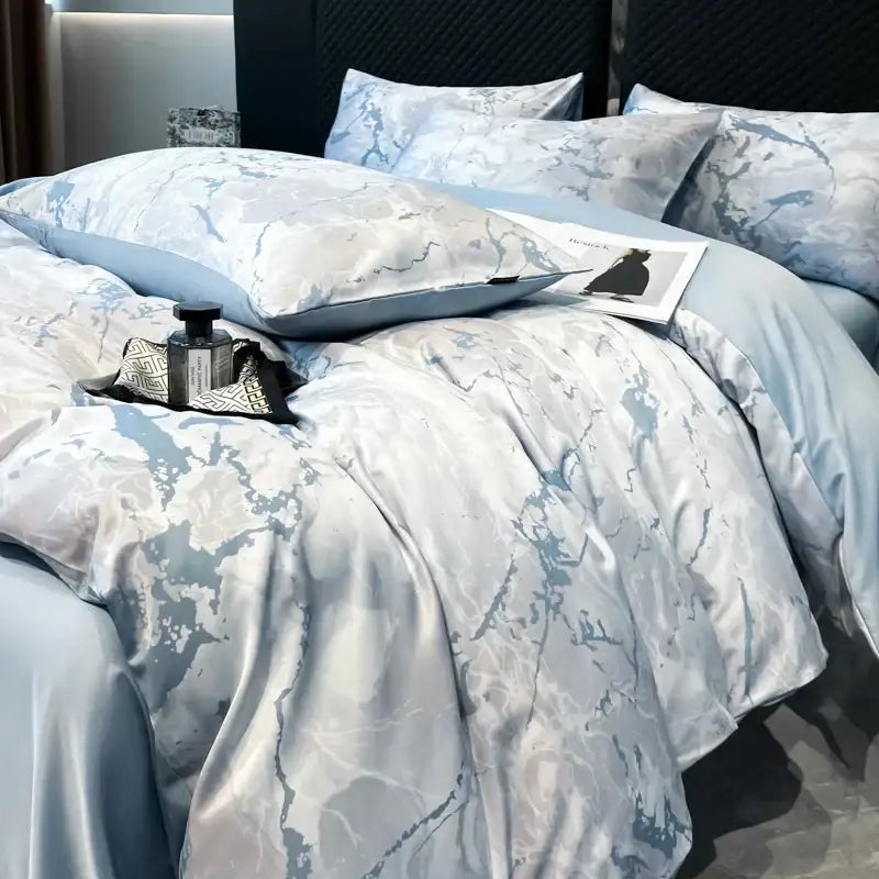 Luxury black & grey marble satin duvet cover set bedroom cooling bedding