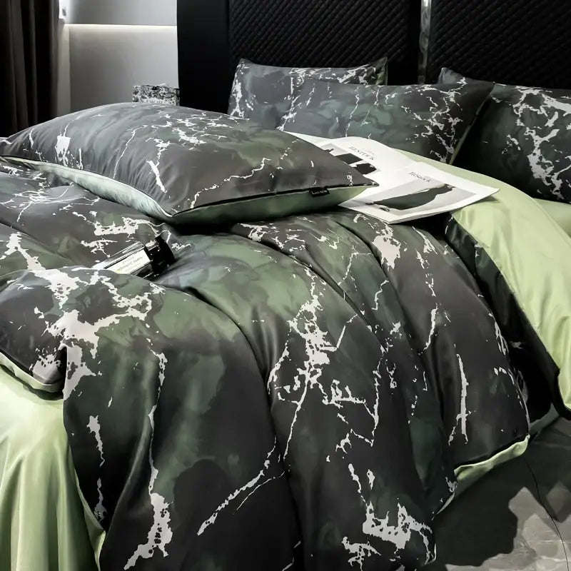 Luxury black & grey marble satin duvet cover set bedroom cooling bedding