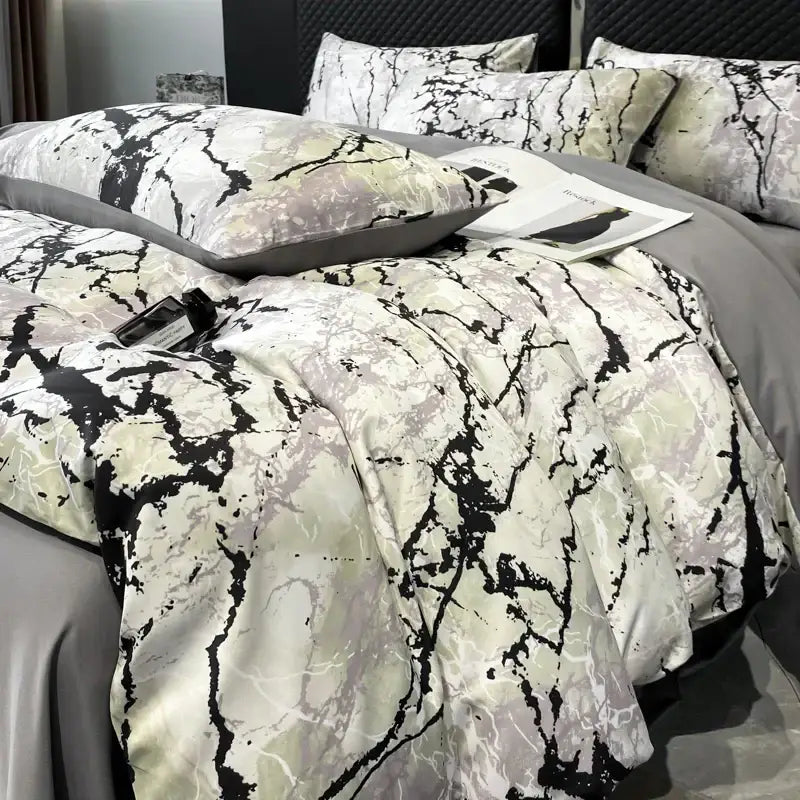 Luxury black & grey marble satin duvet cover set bedroom cooling bedding