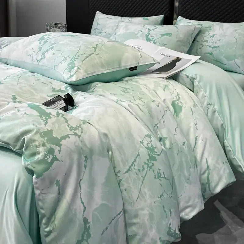 Luxury black & grey marble satin duvet cover set bedroom cooling bedding