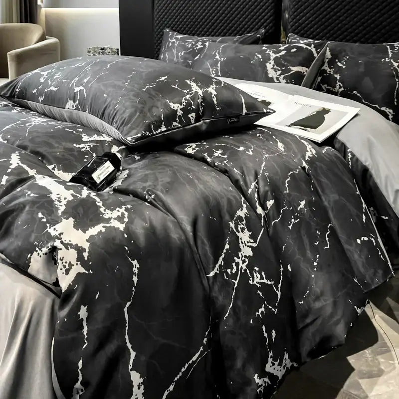 Luxury black & grey marble satin duvet cover set bedroom cooling bedding