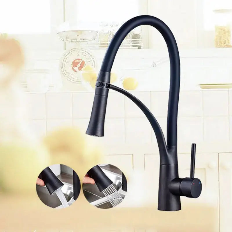 Chrome and black flexible kitchen mixer tap with pull out sprayer