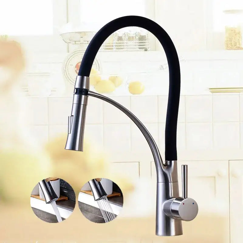 Chrome and black flexible kitchen mixer tap with pull out sprayer
