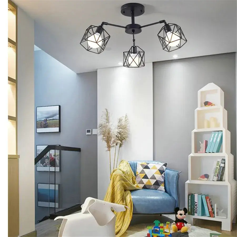 Modern black iron cage chandelier – dining room spider ceiling lamp