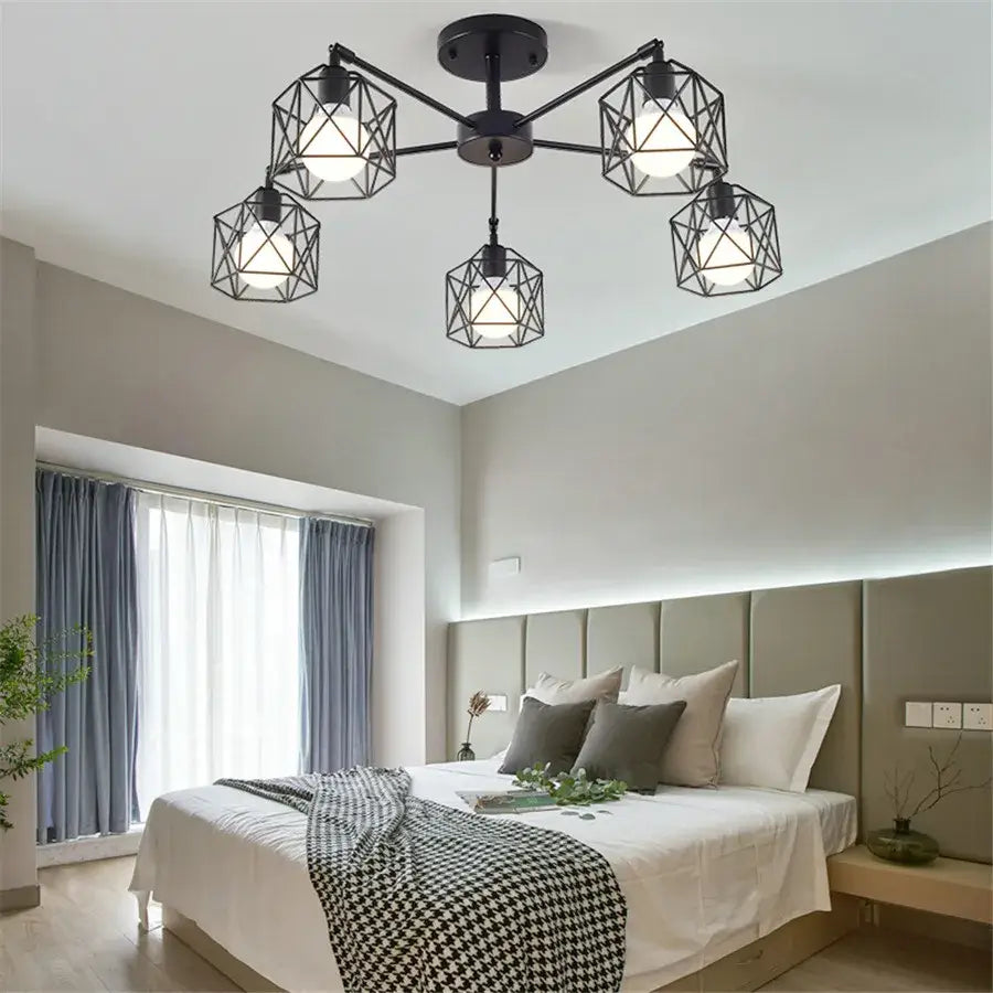 Modern black iron cage chandelier – dining room spider ceiling lamp