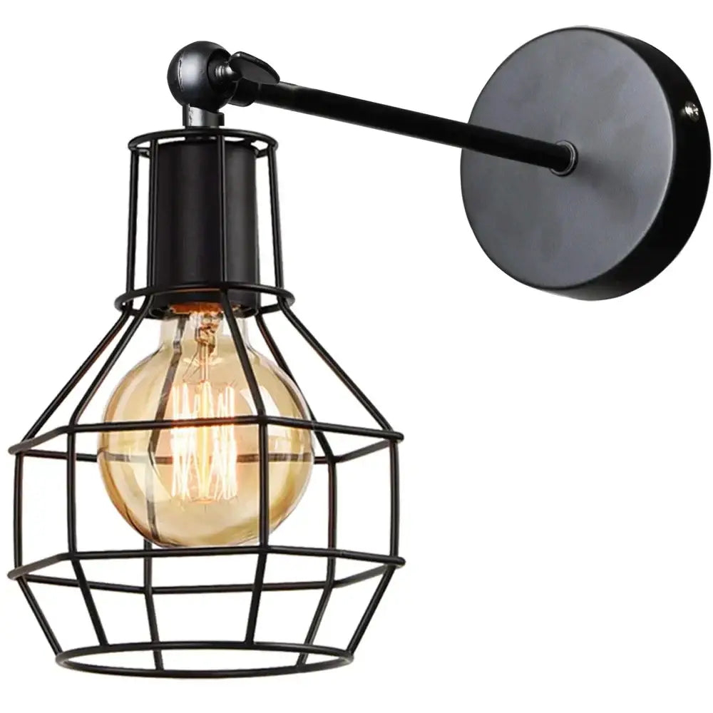Retro black iron cage wall lamp for bedroom with amber bulb