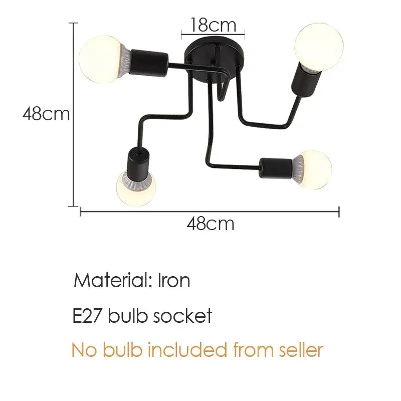 Industrial black iron ceiling light with 4 exposed bulbs for living room