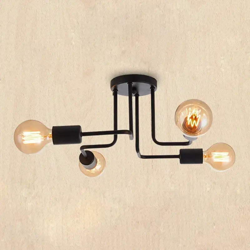 Industrial black iron ceiling light with 4 exposed bulbs for living room