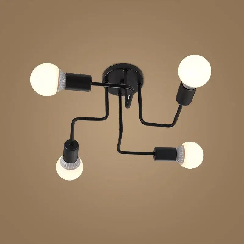 Industrial black iron ceiling light with 4 exposed bulbs for living room