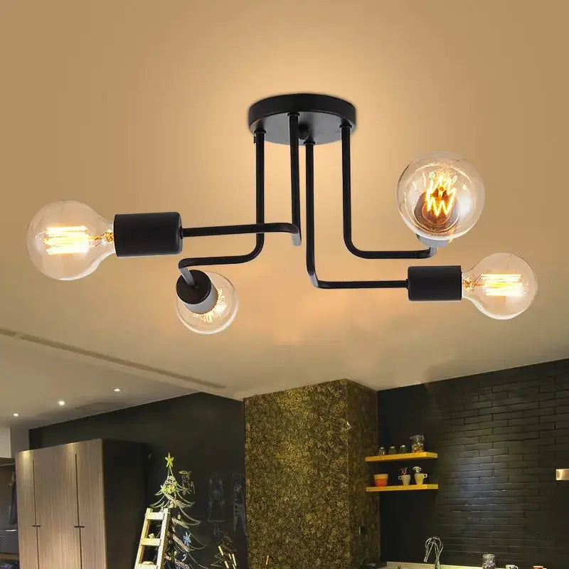 Industrial black iron kitchen ceiling lamp with 4 lights