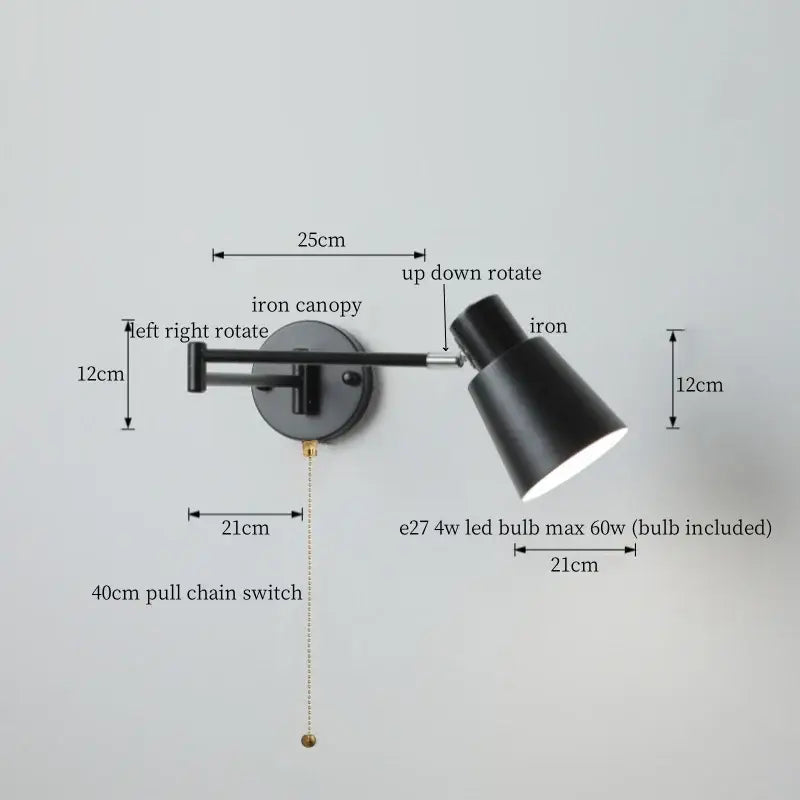 Modern black iron led wall sconce bedroom light with pull chain