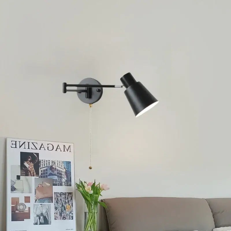 Modern black iron led wall sconce bedroom light with pull chain