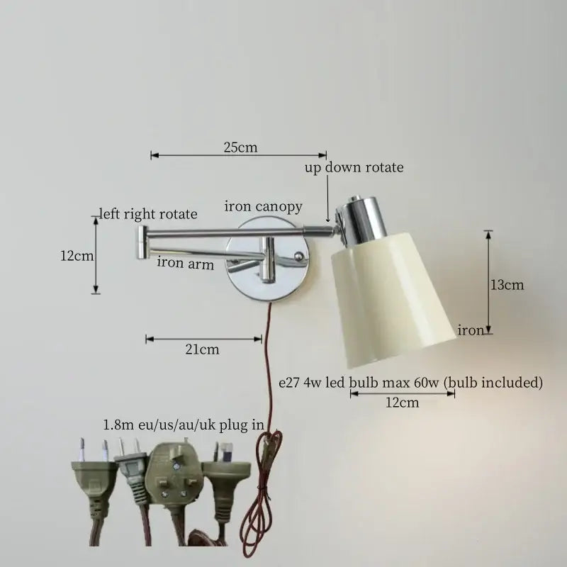 Modern black iron led wall sconce bedroom light with pull chain