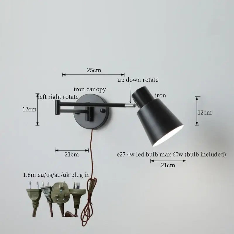 Modern black iron led wall sconce bedroom light with pull chain