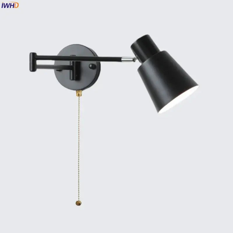 Modern black iron led wall sconce bedroom light with pull chain