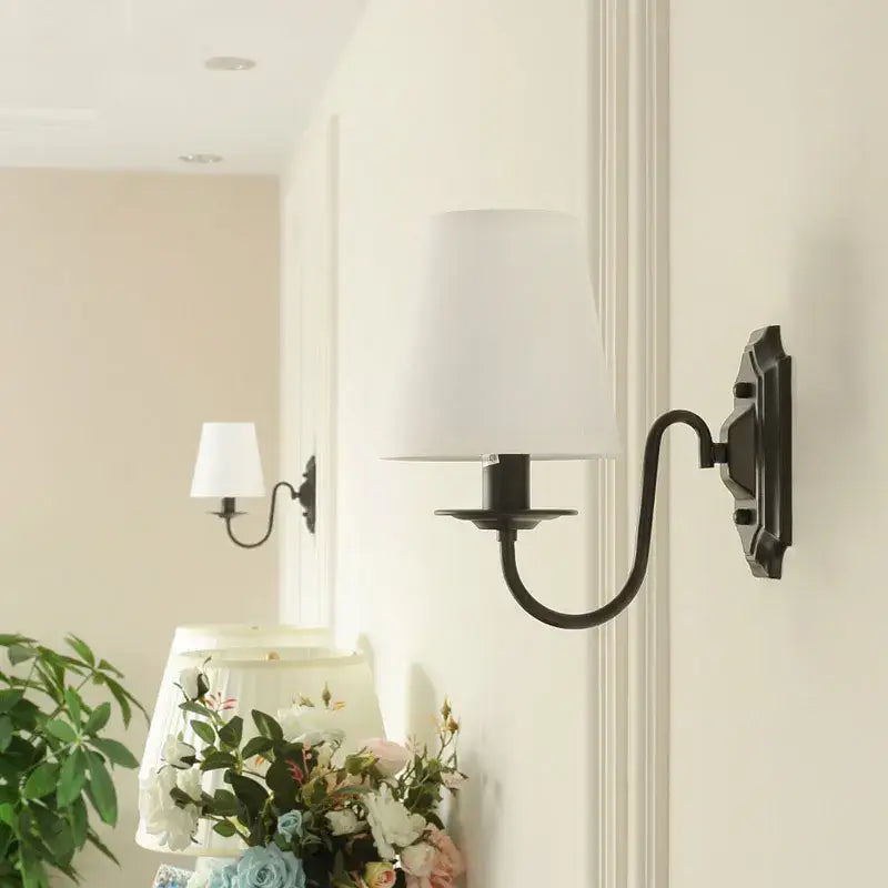 Antique bronze iron wall lamp with fabric shade for bedroom