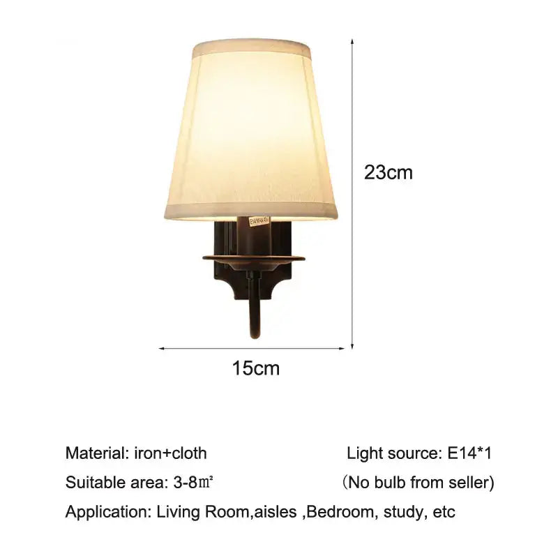 Antique bronze iron wall lamp with fabric shade for bedroom