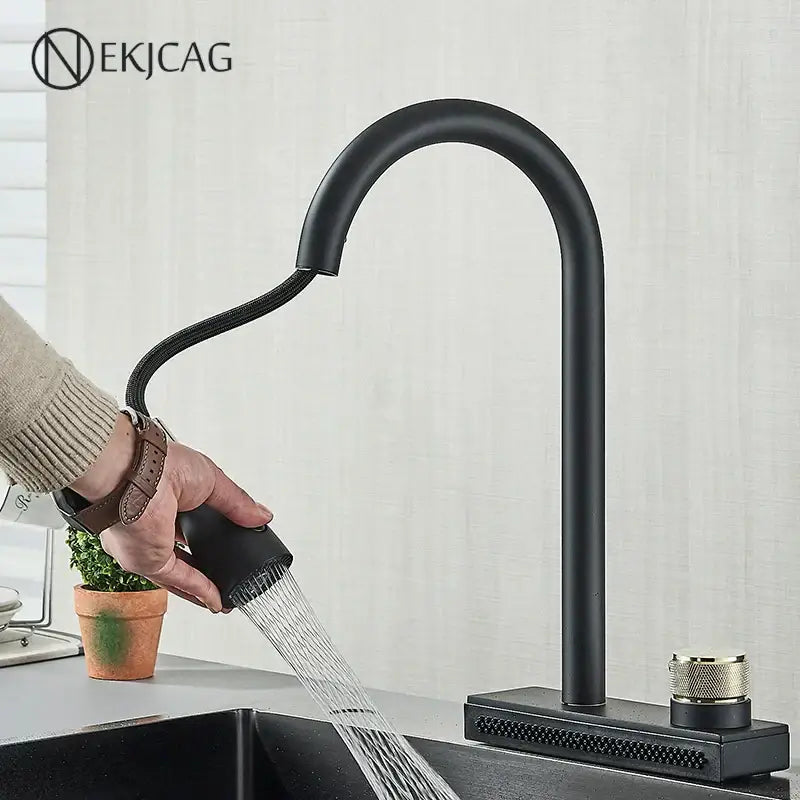 Matte black kitchen faucet with flexible pull out nozzle