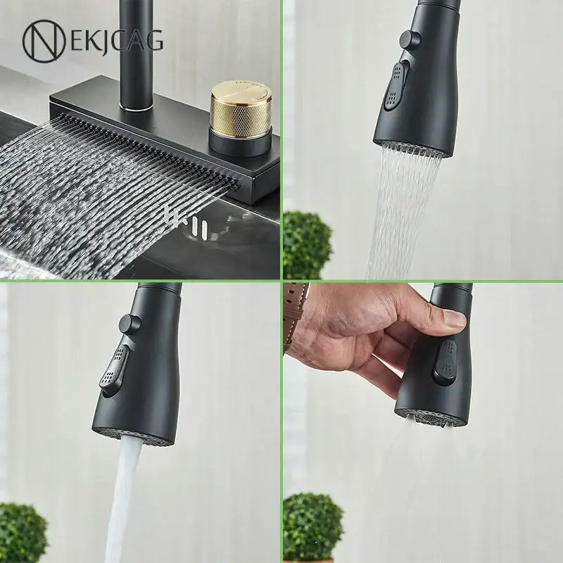 Matte black kitchen faucet with flexible pull out nozzle