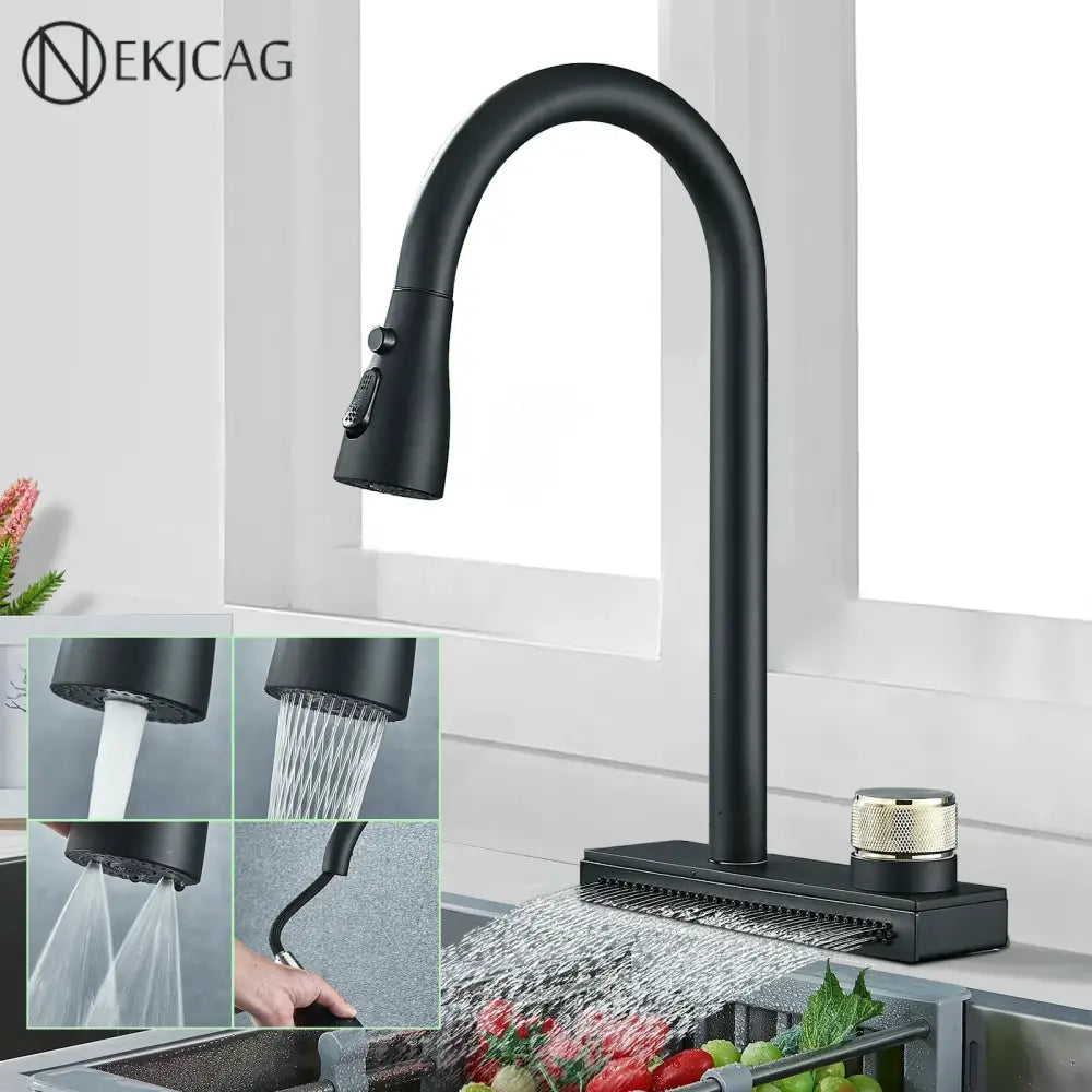 Matte black kitchen faucet with flexible pull out nozzle