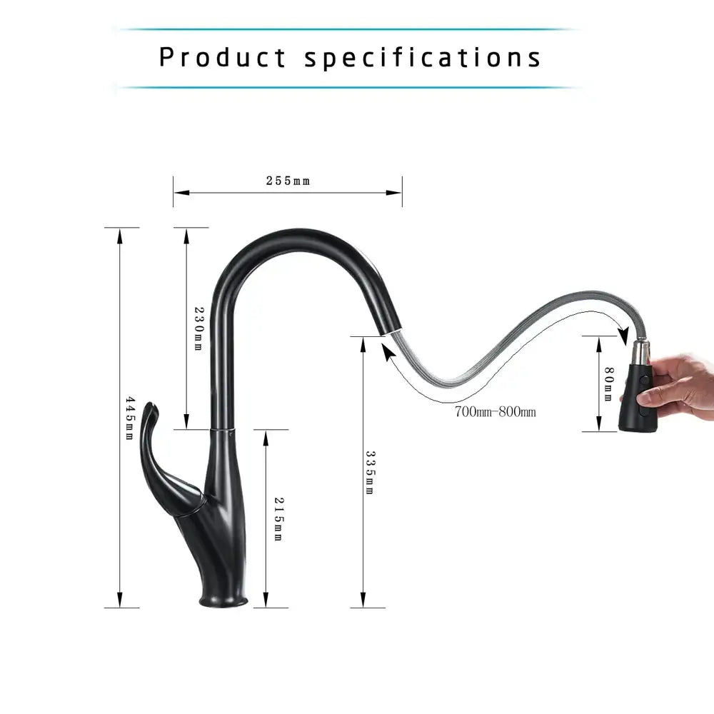 Modern matte black kitchen faucet with pull down spray head