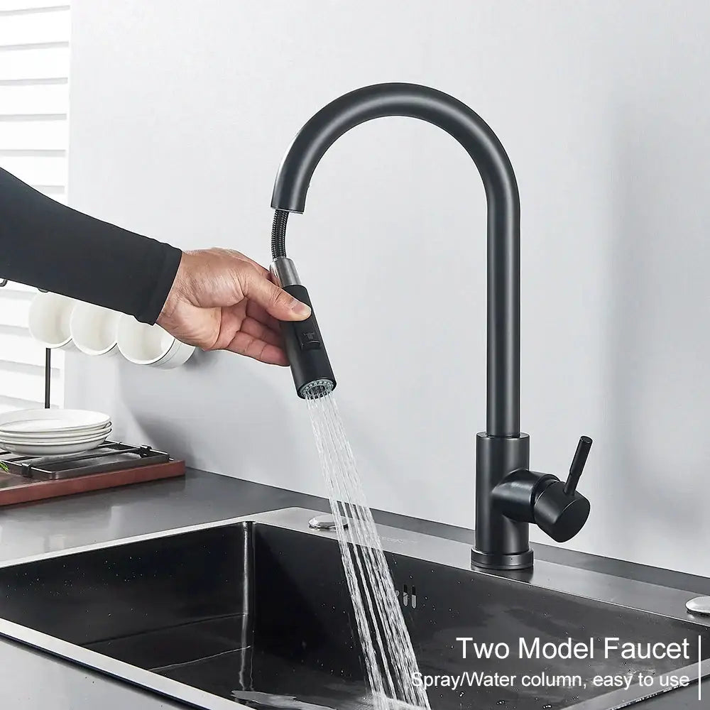 Matte black kitchen faucet with pull down spray head