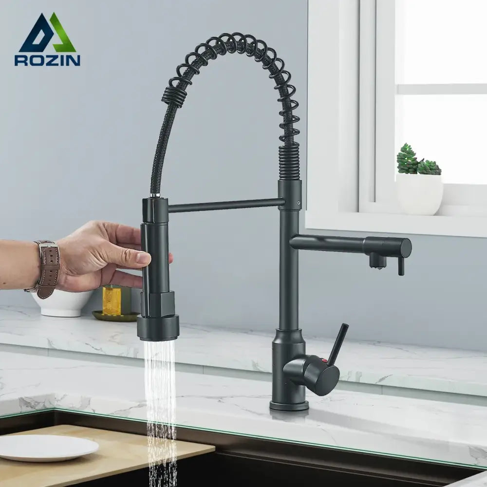 Modern matte black kitchen faucet with pull down spring sprayer