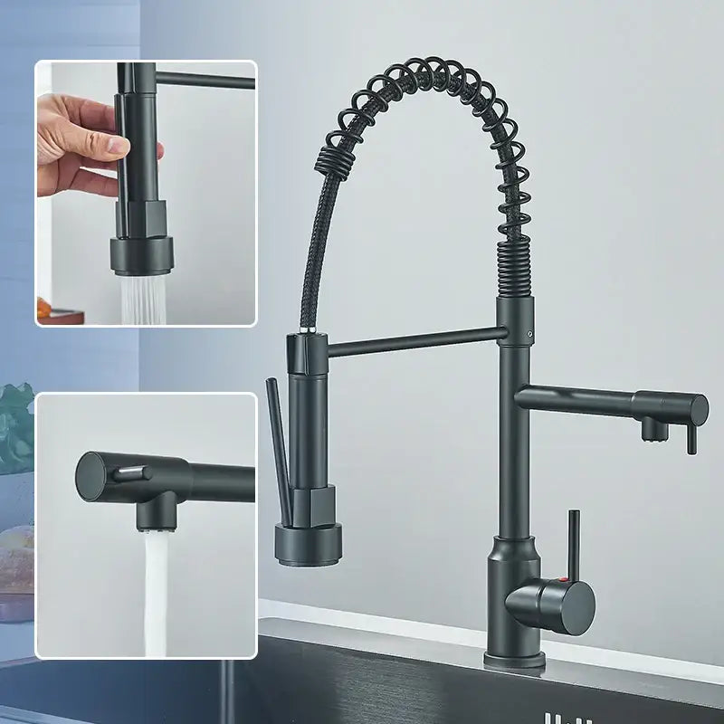 Modern matte black kitchen faucet with pull down spring sprayer