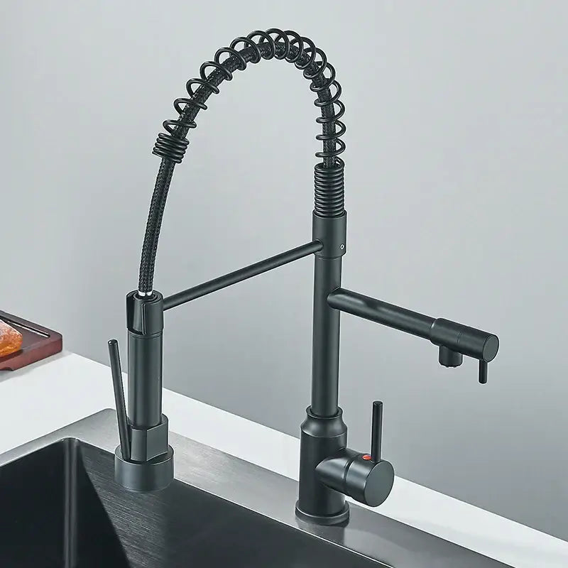 Modern matte black kitchen faucet with pull down spring sprayer