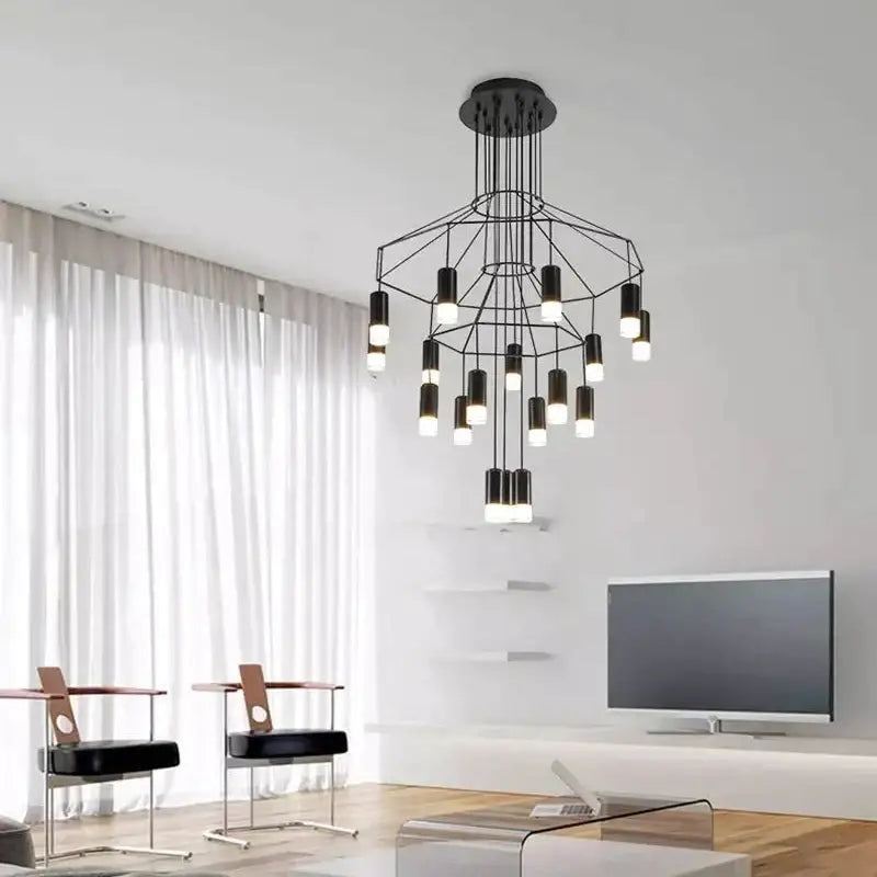 Geometric black led linear chandelier for dining room