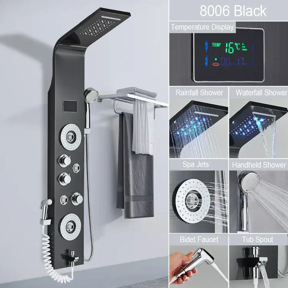 Modern black led shower faucet system with massage jets bathroom panel