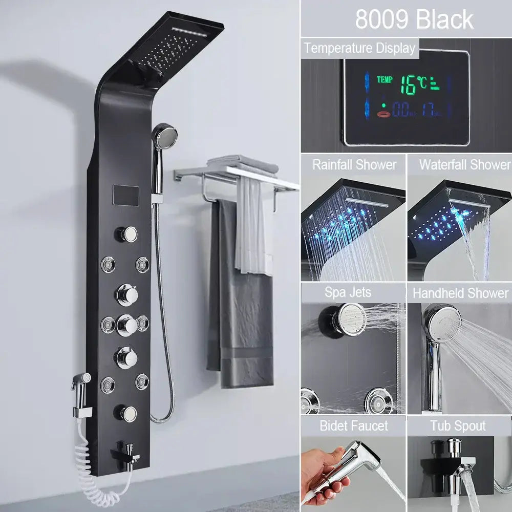 Modern black led shower faucet system with massage jets bathroom panel
