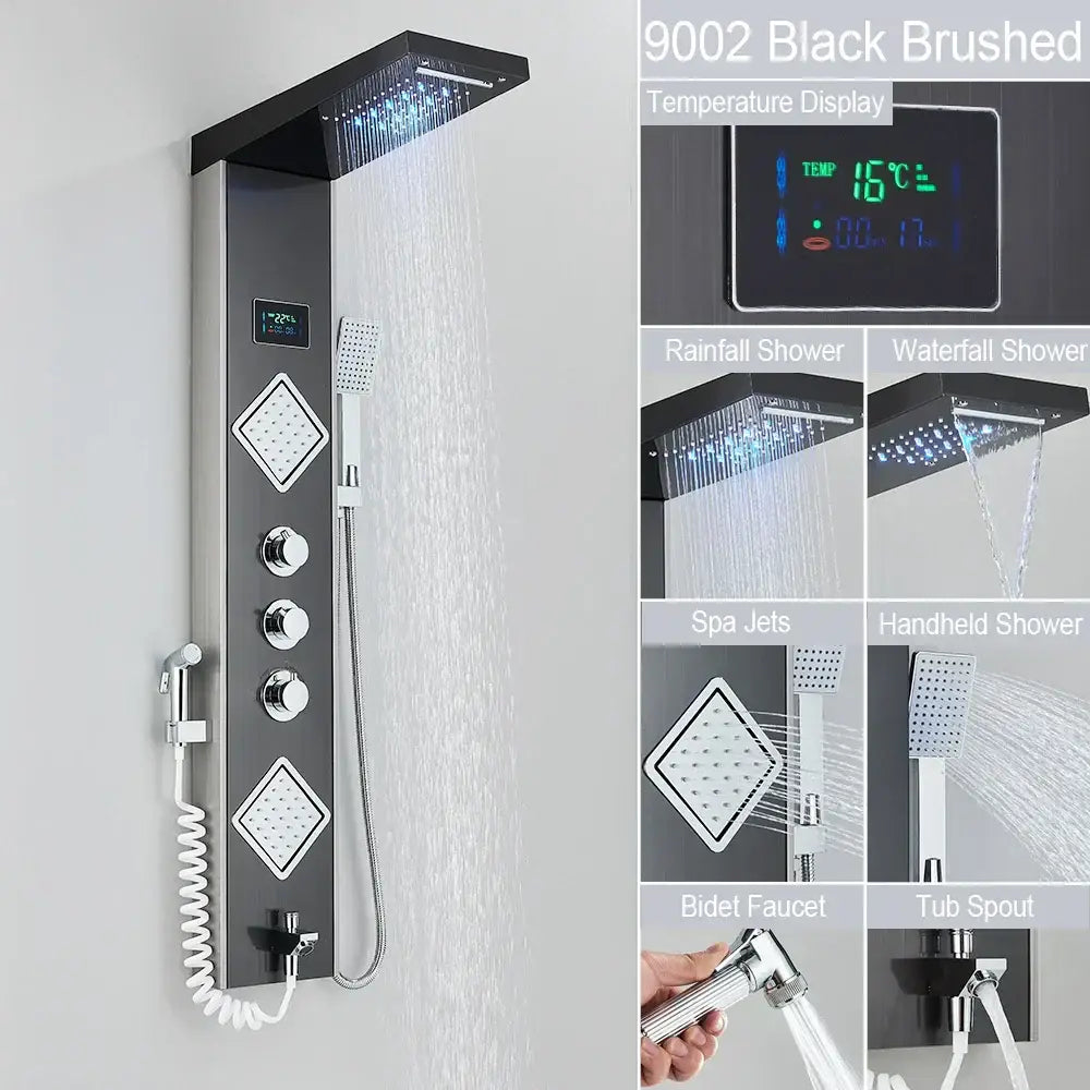 Modern black led shower faucet system with massage jets bathroom panel