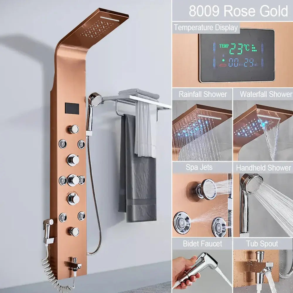 Modern black led shower faucet system with massage jets bathroom panel