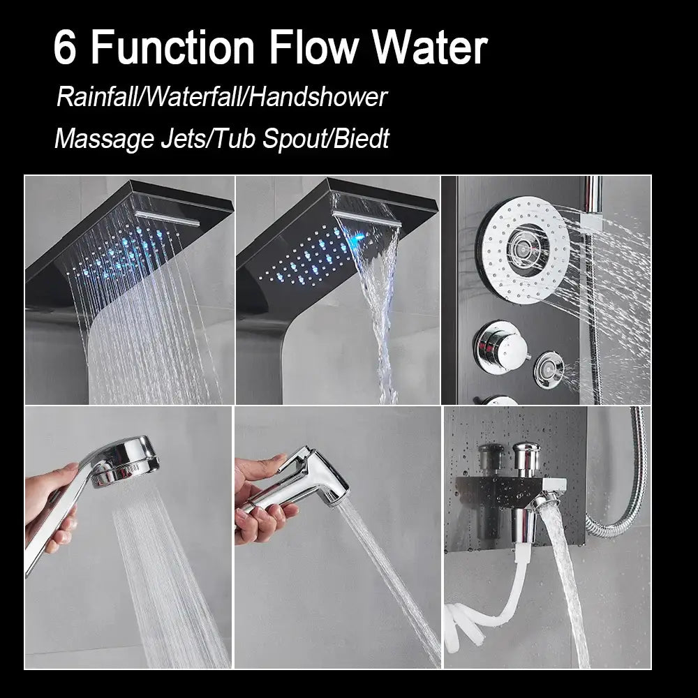 Modern black led shower faucet system with massage jets bathroom panel