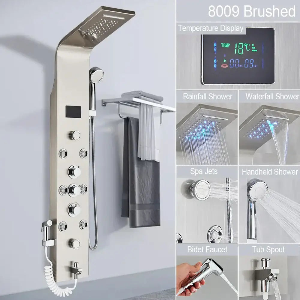 Modern black led shower faucet system with massage jets bathroom panel