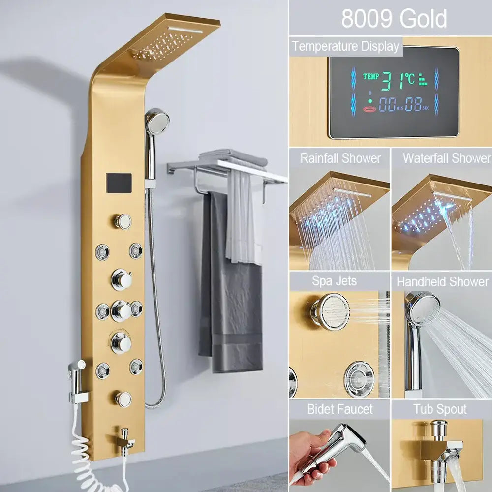 Modern black led shower faucet system with massage jets bathroom panel