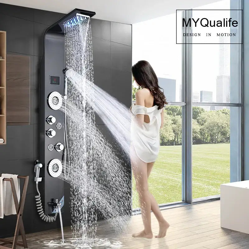 Modern black led shower faucet system with massage jets bathroom panel