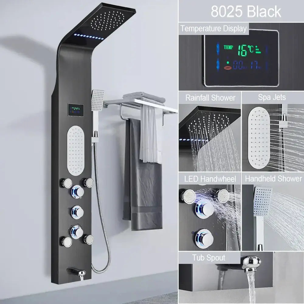 Modern black led shower faucet system with massage jets bathroom panel